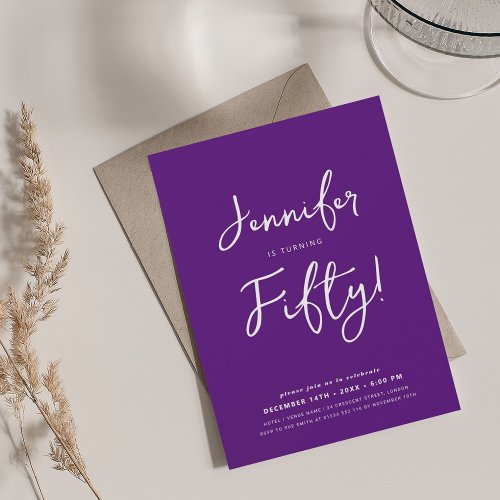 Simple Modern Minimal 50th Birthday Script Purple  Invitation