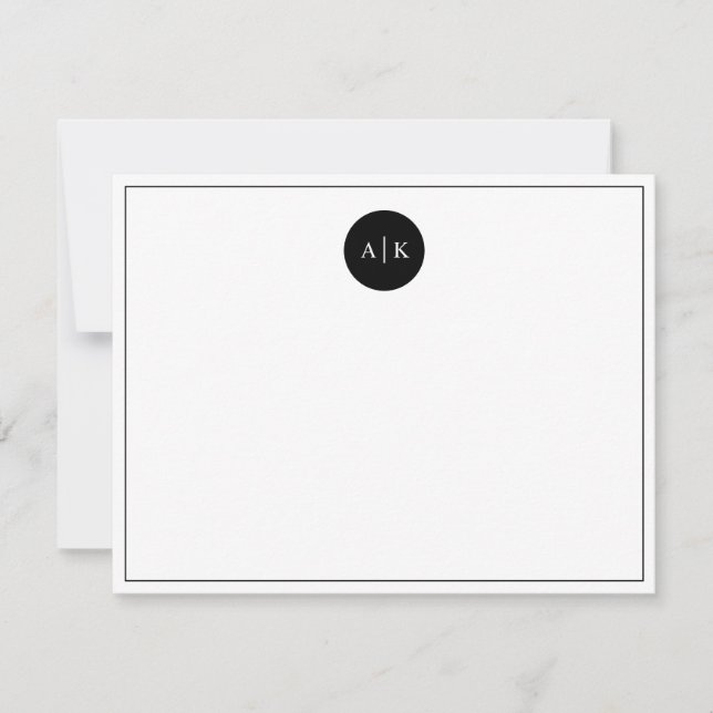 Simple Modern Minimal Black White Circle Monogram Note Card (Front)