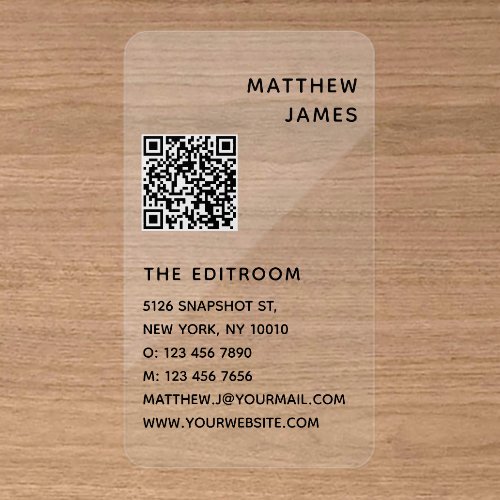 Simple Modern Minimal Black White QR Code Clear Business Cards