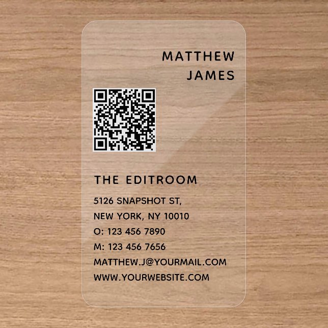 Simple Modern Minimal Black White QR Code Clear Business Cards (Front (Wood))