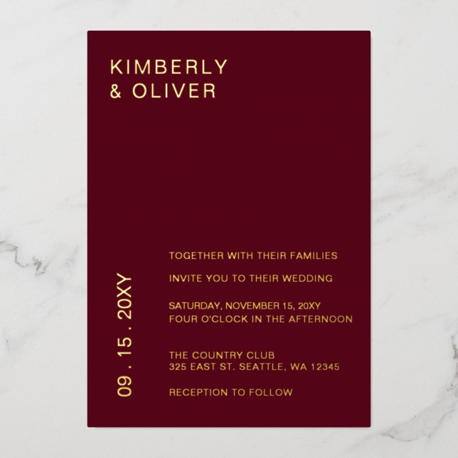 Simple Modern Minimal Burgundy Wedding Foil Invitation (Front)