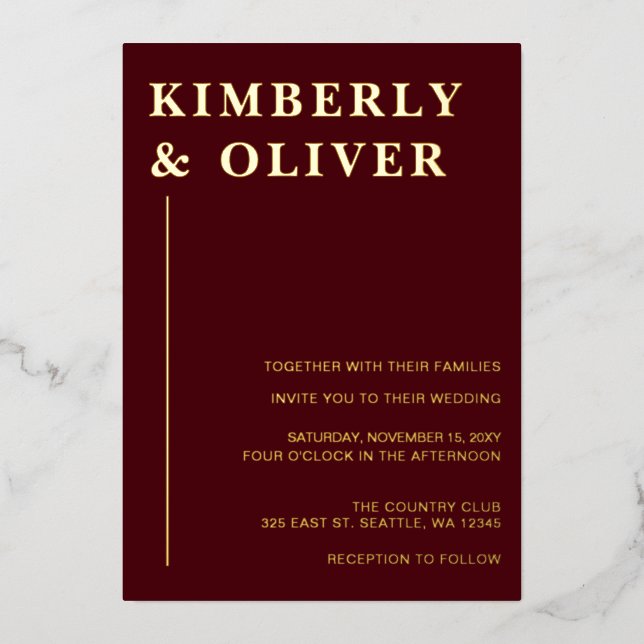 Simple Modern Minimal Burgundy Wedding Foil Invitation (Front)