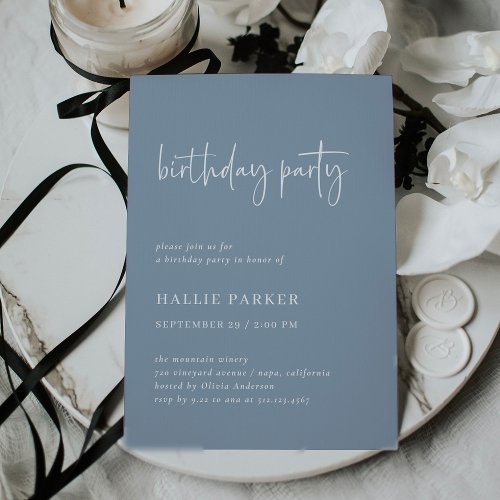 Simple Modern Minimal  Dusty Blue Birthday Party Invitation