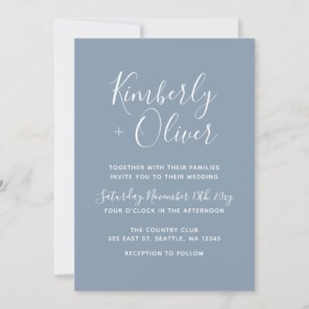 Simple Modern Minimal Dusty Blue Wedding Invitation by blessedwedding at Zazzle