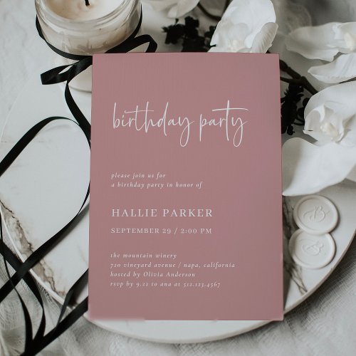 Simple Modern Minimal  Dusty Rose Birthday Party Invitation