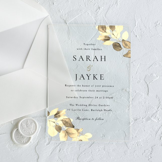 Simple Modern Minimal Gold Leaf Wedding Acrylic Invitations (Creator Uploaded)