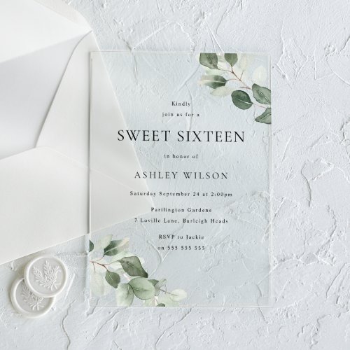 Simple Modern Minimal Green Leaf Sweet 16 Party Acrylic Invitations