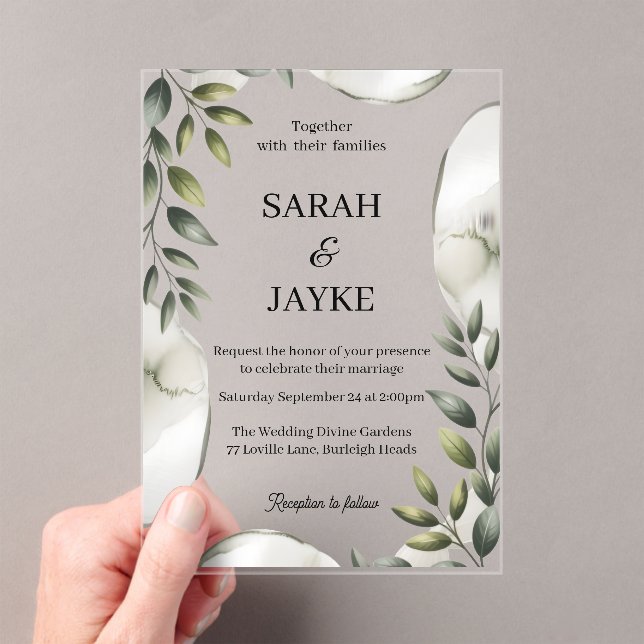 Simple Modern Minimal Green Leaf Wedding Acrylic  Invitations (Insitu (Handheld))