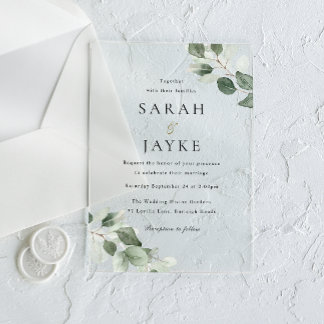 Simple Modern Minimal Green Leaf Wedding Acrylic Invitations