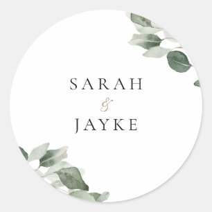 Simple Modern Minimal Green Leaf Wedding Classic Round Sticker