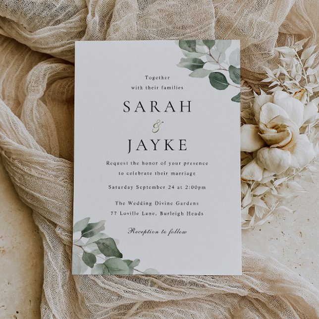Simple Modern Minimal Green Leaf Wedding Invitation (Creator Uploaded)