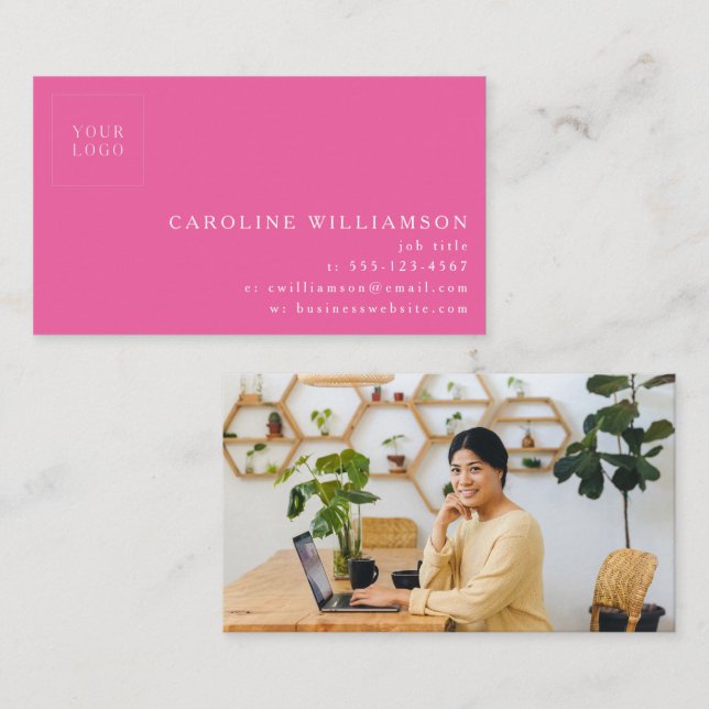 Simple Modern Minimal Hot Pink Logo Photo  Business Card (Front/Back)