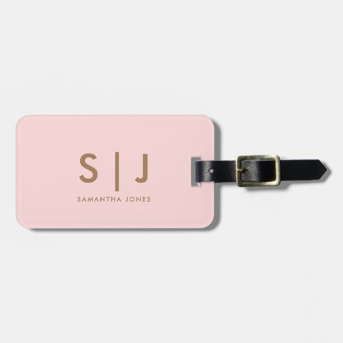 Simple Modern Minimal Monogram Pink and Gold Luggage Tag