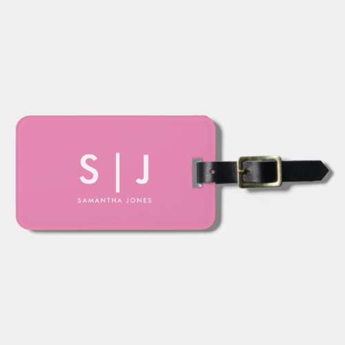 Simple Modern Minimal Monogram Pink and White Luggage Tag