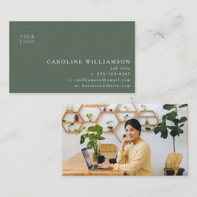 Simple Modern Minimal Sage Green Logo Photo  Business Card (Front/Back)