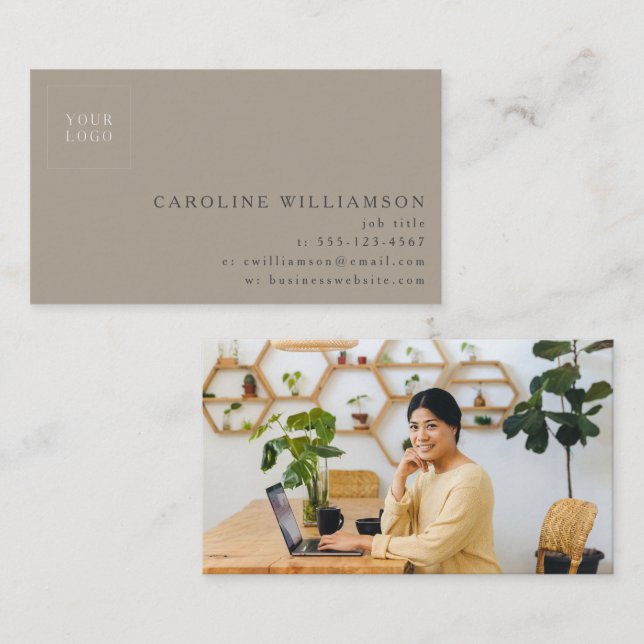 Simple Modern Minimal Taupe Brown Logo Photo  Business Card (Front/Back)