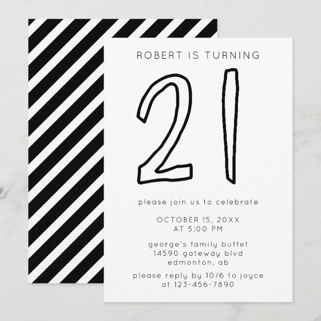 Simple Modern Minimalist 21st Birthday Stripes Invitation (Front/Back)