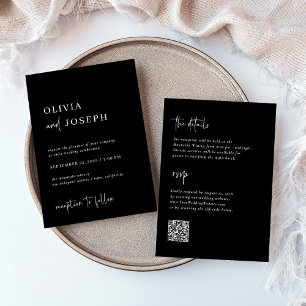 Simple Modern Minimalist Black All in One Wedding Invitation