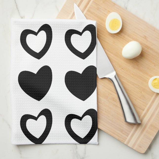 Simple Modern Minimalist Black and White Hearts Kitchen Towel (Quarter Fold)
