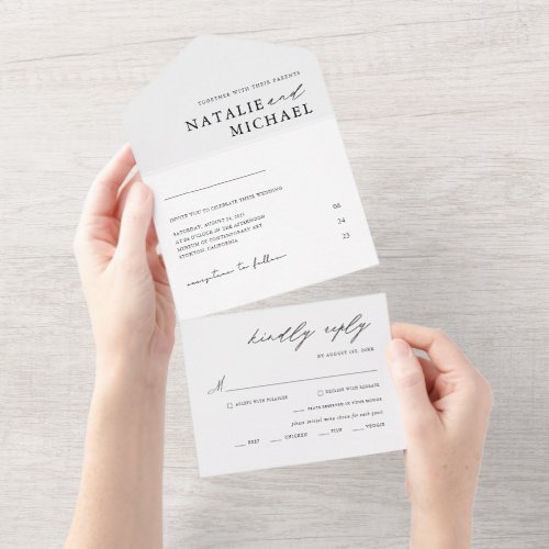 Simple Modern Minimalist Black And White Wedding All In One Invitation