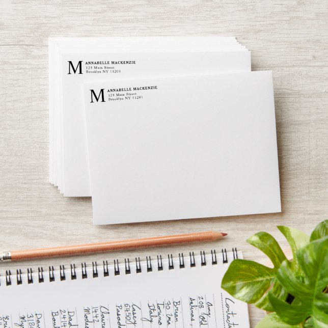 Simple Modern Minimalist Black Monogram Note Card Envelope (Stacked)