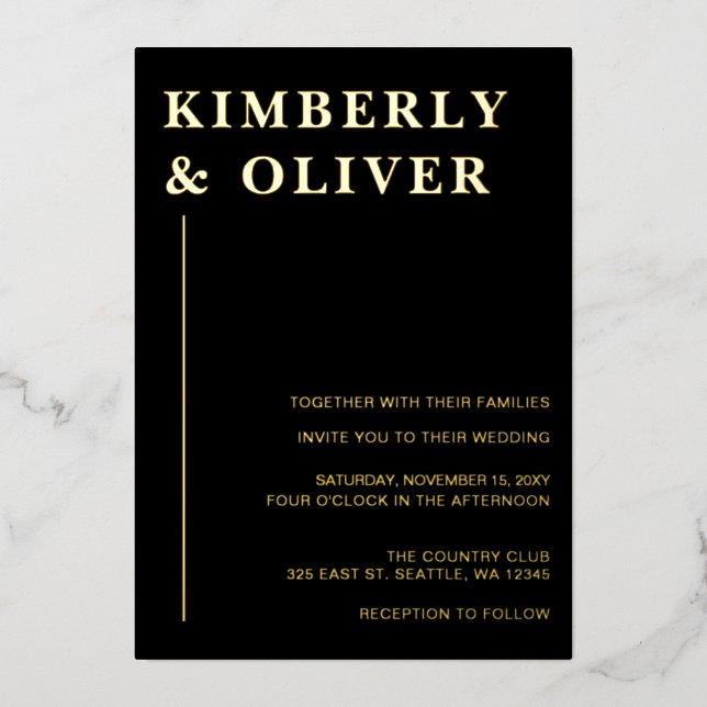 Simple Modern Minimalist Black Wedding Foil Invitation (Front)
