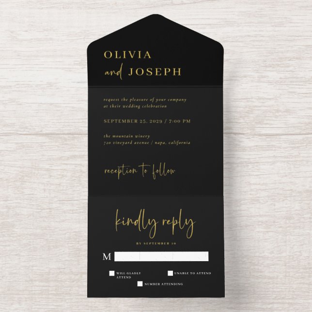 Simple Modern Minimalist Black | Wedding Gold Foil All In One Invitation (Inside)