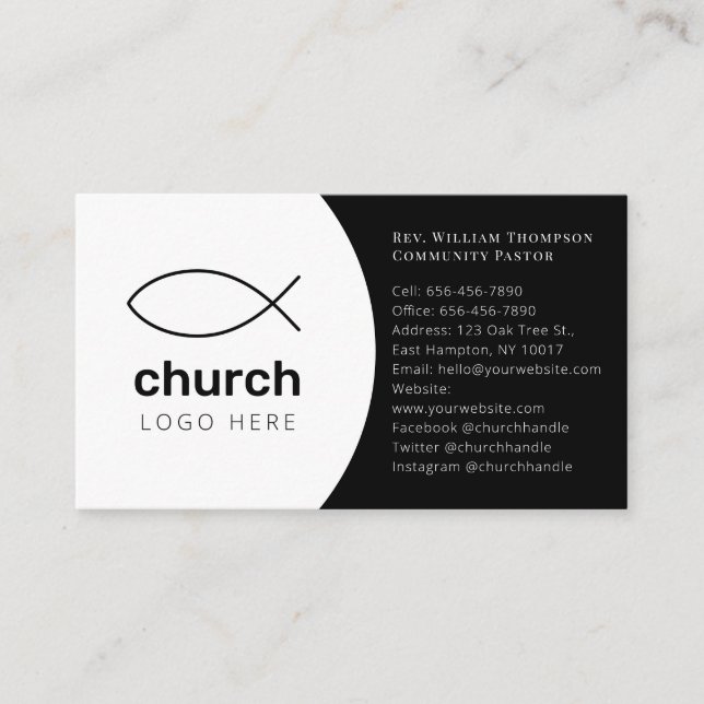 Simple Modern Minimalist Black White Fish Church Business Card (Front)