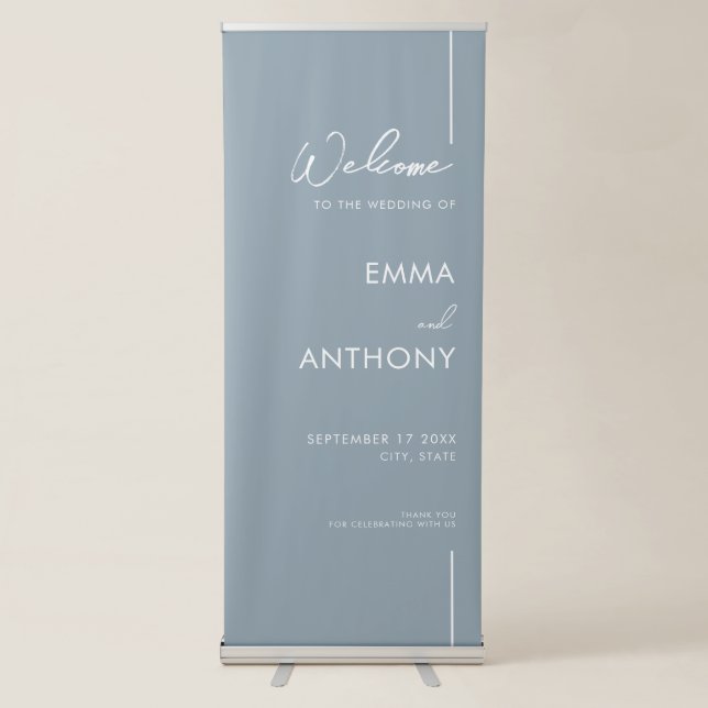 Simple Modern Minimalist Blue Wedding Welcome Retractable Banner (Front)