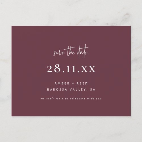 Simple Modern Minimalist Burgundy Save the Date Announcement Postcard