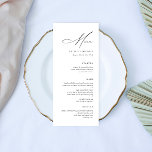 Simple Modern Minimalist Calligraphy Wedding Menu<br><div class="desc">This Simple Modern Minimalist Calligraphy Wedding Menu is perfect for any formal occasion such as a wedding, rehearsal dinner, or engagement party. The design features a black and white color scheme with a modern and minimalist touch. The menu is simple and minimalistic, making it easy for guests to read and...</div>
