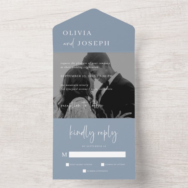 Simple Modern Minimalist Dusty Blue Photo Wedding All In One Invitation (Inside)