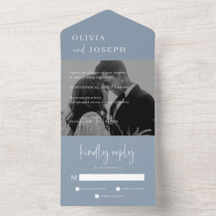 Simple Modern Minimalist Dusty Blue Photo Wedding All In One Invitation
