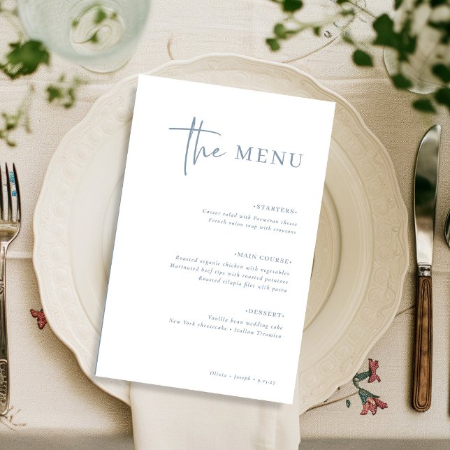 Simple Modern Minimalist | Dusty Blue Wedding Menu (A modern and minimalist dusty blue and white wedding menu)