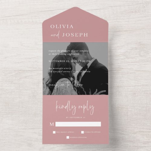 Simple Modern Minimalist Dusty Rose Photo Wedding All In One Invitation