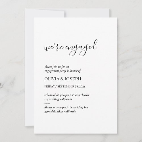 Simple Modern Minimalist  Engagement Party White Invitation