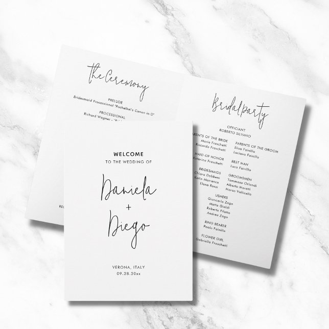Simple Modern Minimalist Folded Wedding Program (Simple, modern, minimalist, folded wedding program in classic black and white)