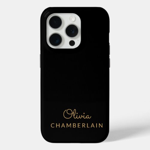Simple Modern Minimalist Gold Name Black iPhone 15 Pro Case