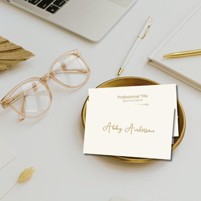 Simple Modern Minimalist Gold Script | Off White Business Card (Creator Uploaded)