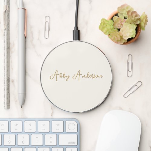 Simple Modern Minimalist Gold Script  Off White Wireless Charger