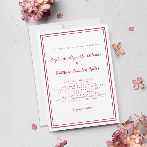 Simple Modern Minimalist Magenta Red White Wedding Invitation