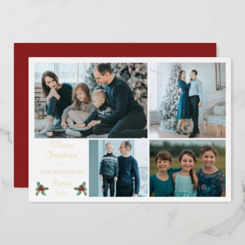 Simple Modern Minimalist Merry Christmas 4 Photo Foil Holiday Card