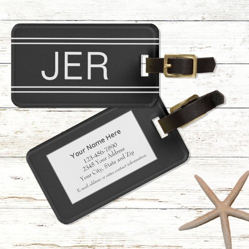 Simple Modern Minimalist Monogrammed Black Luggage Tag