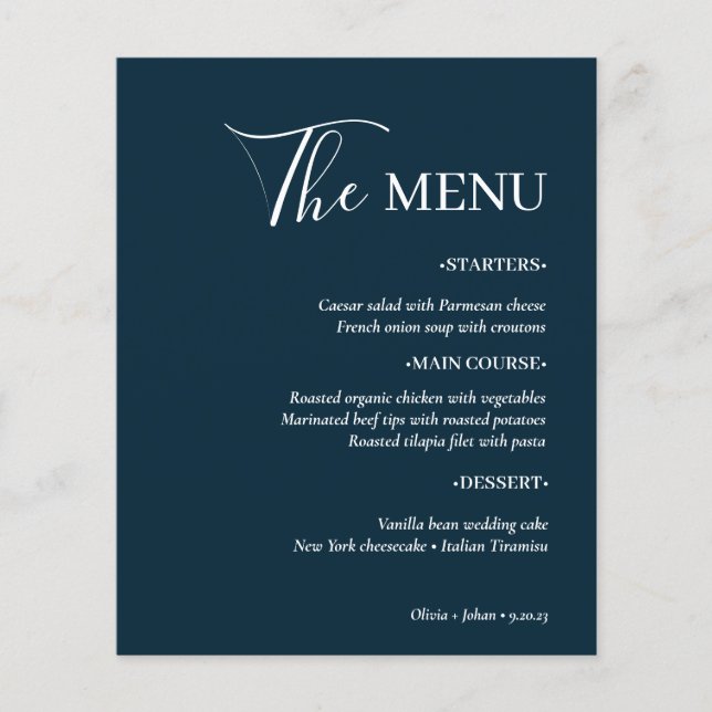 Simple Modern Minimalist | Navy Blue Wedding Menu Flyer (Front)