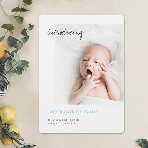 Simple Modern Minimalist Photo Baby Blue Boy Birth Announcement