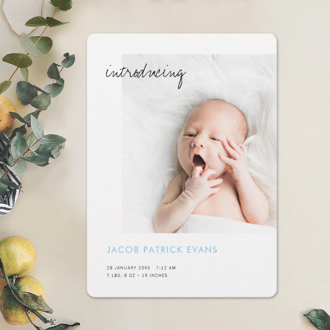 Simple Modern Minimalist Photo Baby Blue Boy Birth Announcement (Creator Uploaded)