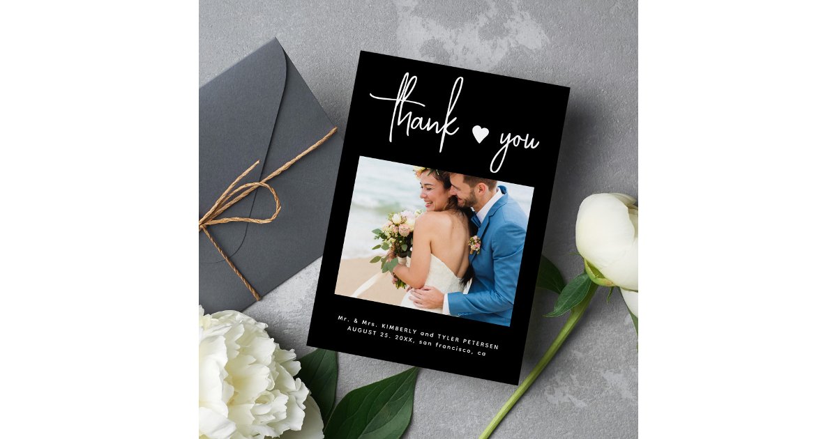 Simple modern minimalist photo black wedding thank you card | Zazzle