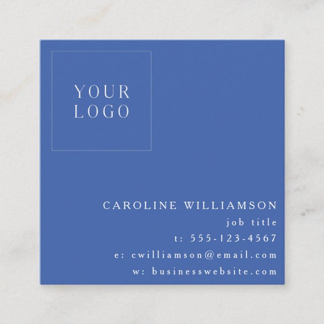 Simple Modern Minimalist Professional Logo Blue Square Business Card (Front)
