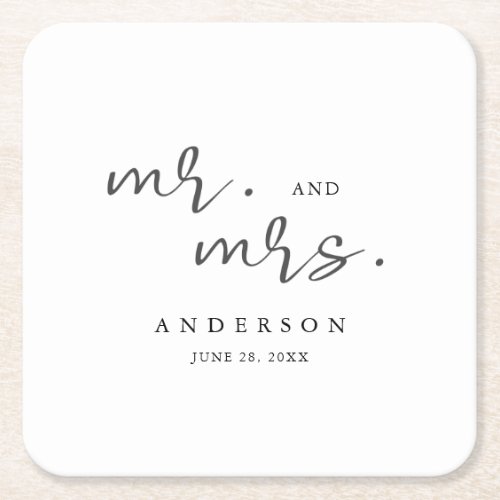 Simple Modern Minimalist Script Mr and Mrs Square Paper Coaster