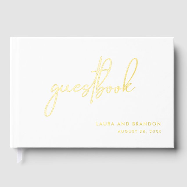 Simple Modern Minimalist Script Wedding with Photo Foil Guest Book (Front)